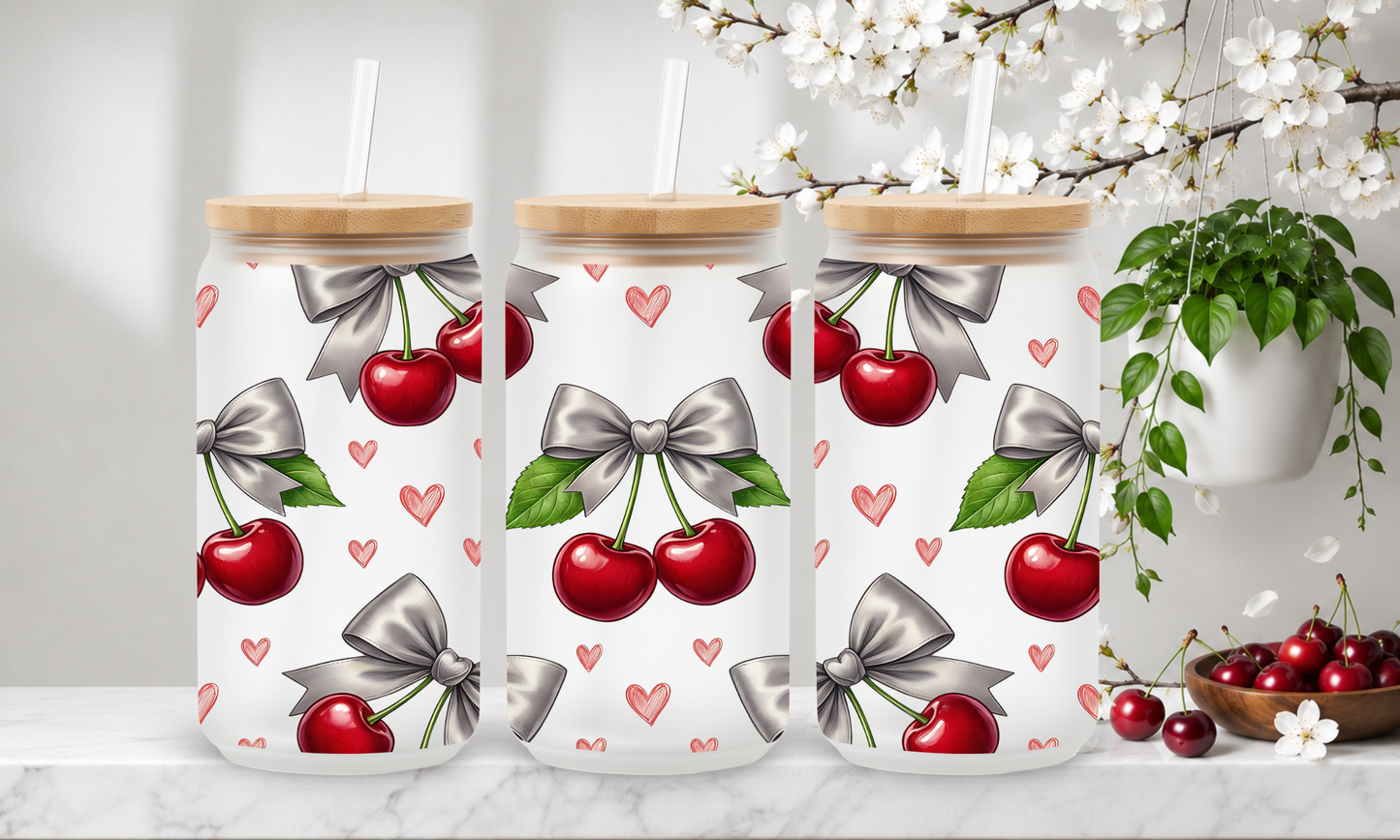 Silver Bow Cherries – 18oz Frosted Glass Can Tumbler 🍒