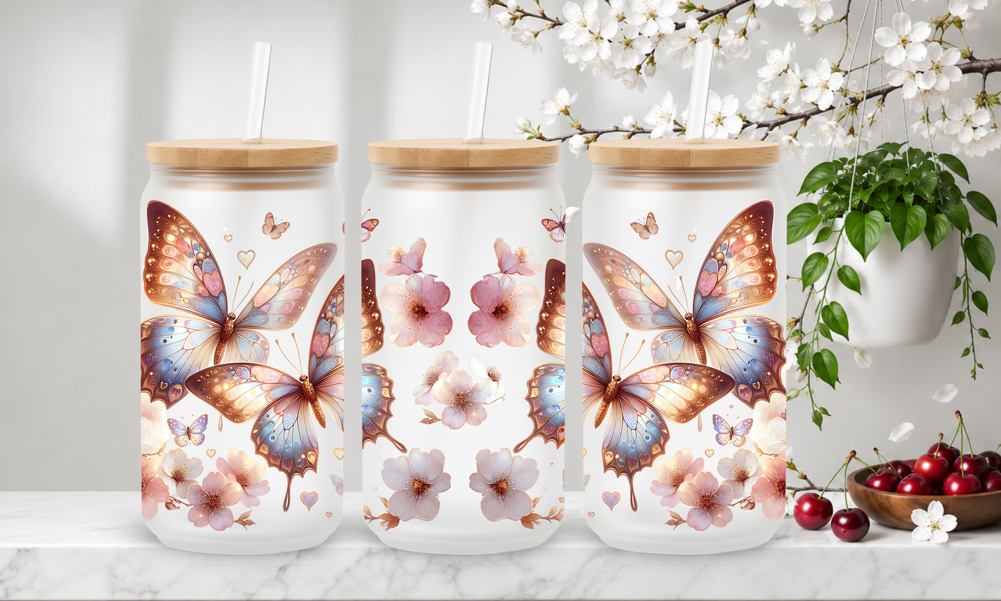 Butterfly Blossom Glow – 18oz Frosted Glass Can Tumbler 🍒