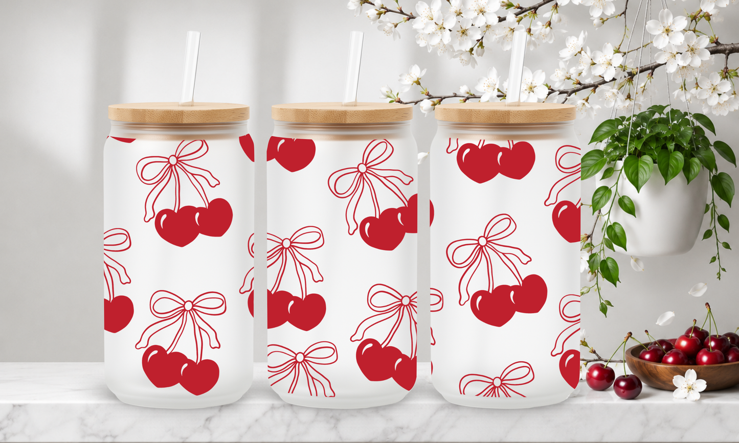 Red Cherry Ribbon – 18oz Frosted Glass Can Tumbler 🍒