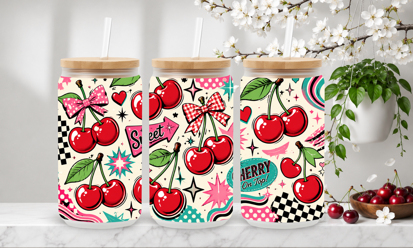 Retro Cherry Soda – 18oz Frosted Glass Can Tumbler 🍒