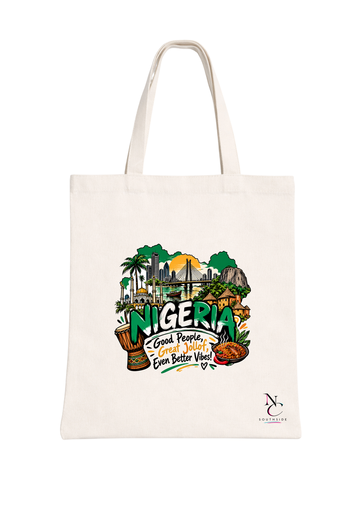 Nigeria Good People, Great Jollof, Even Better Vibes – Hello Africa Collection – Printed Tote Bag