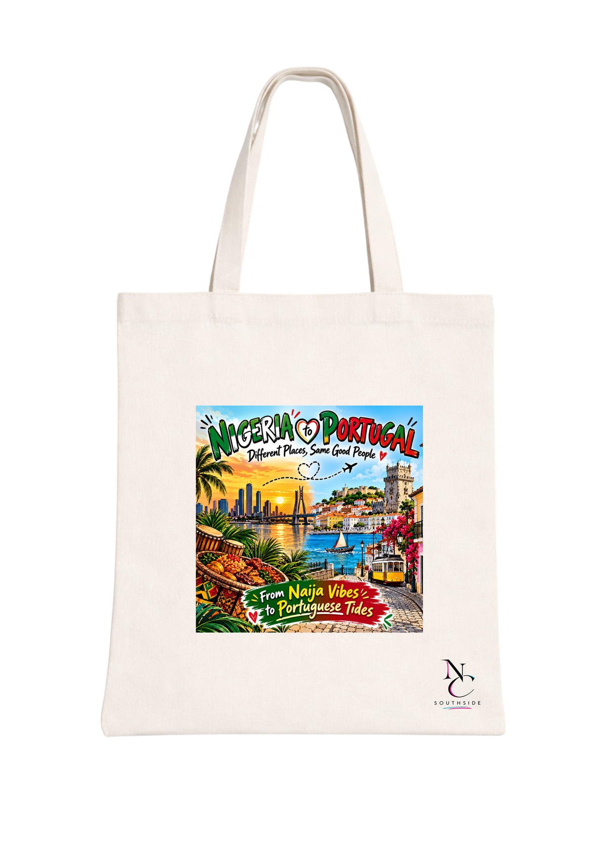 Nigeria to Portugal Link, From Naija Vibes to Portuguese Tides – Hello Africa Collection – Printed Tote Bag