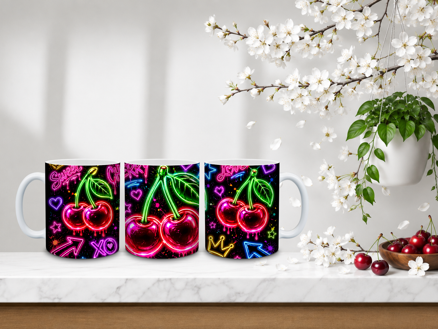 Neon Cherry Nights – 11oz Ceramic Coffee Mug 🍒