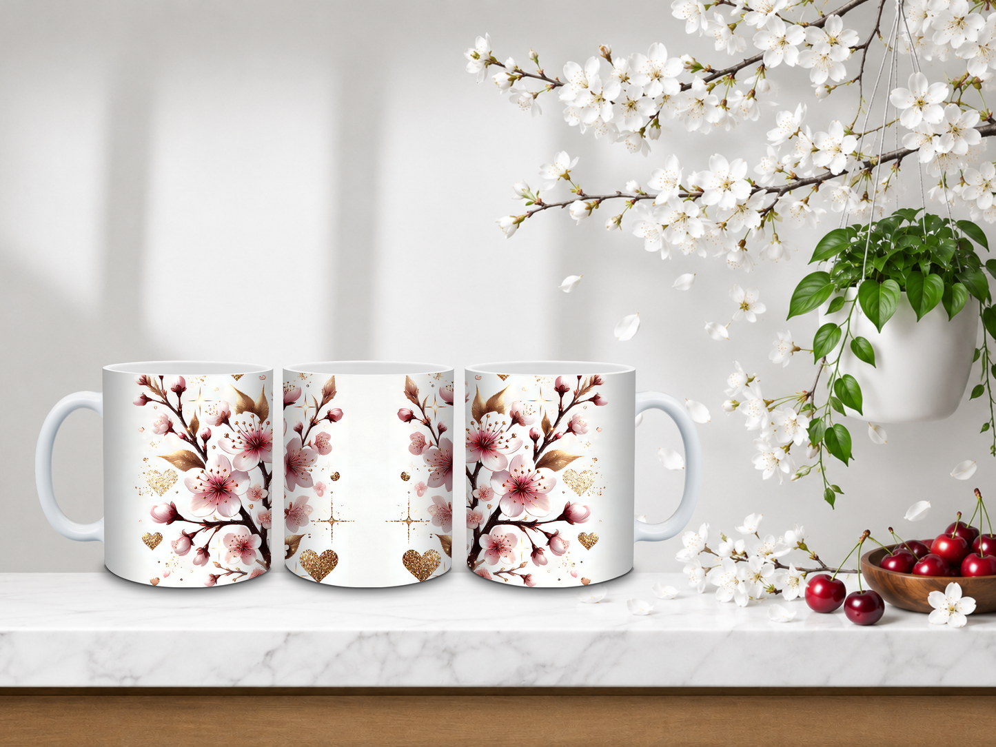 Golden Heart Cherry Blossom – 11oz Ceramic Coffee Mug 🍒