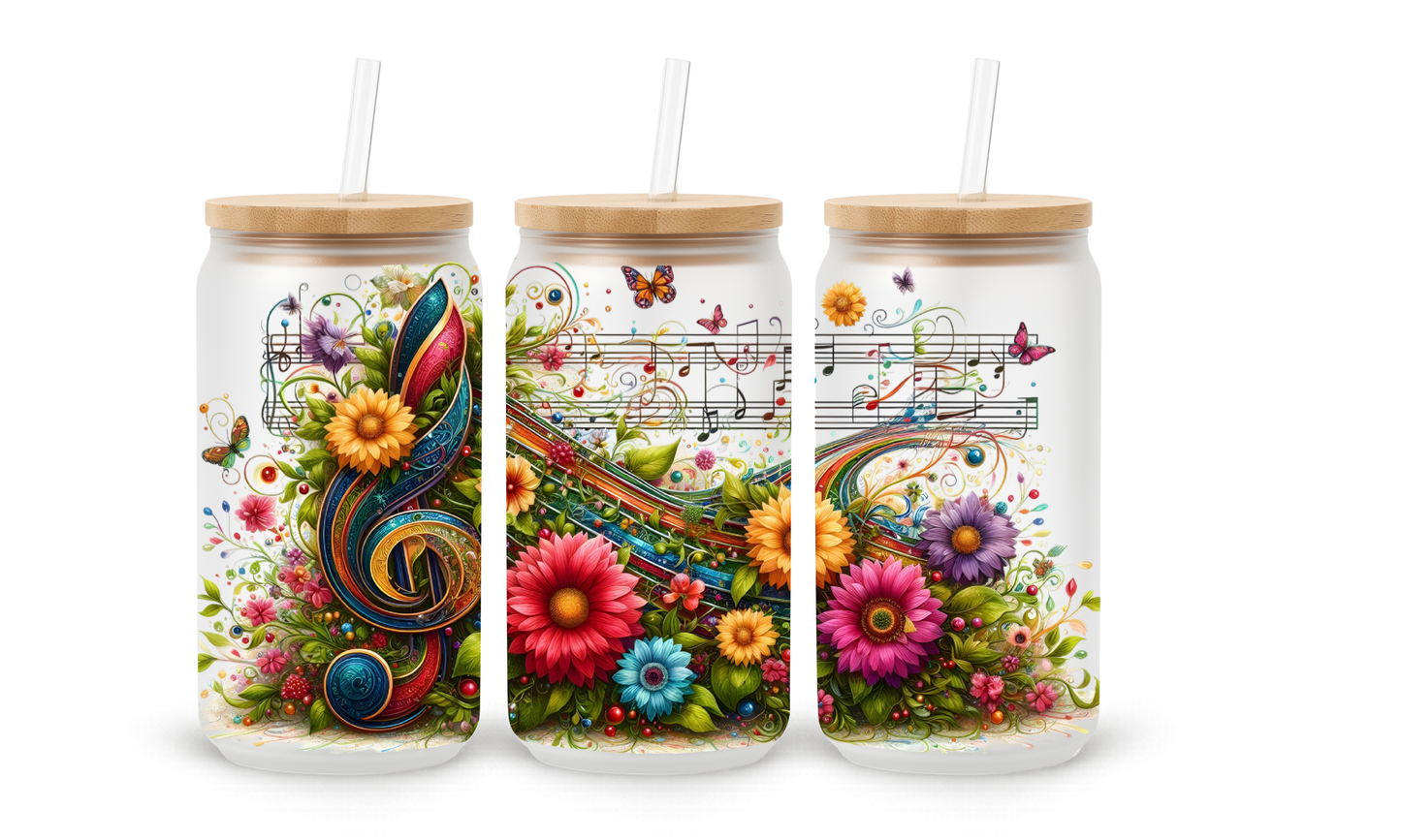Copo Tumbler de Vidro de 530ml - Notas Musicais Florais