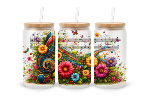 Copo Tumbler de Vidro de 530ml - Notas Musicais Florais