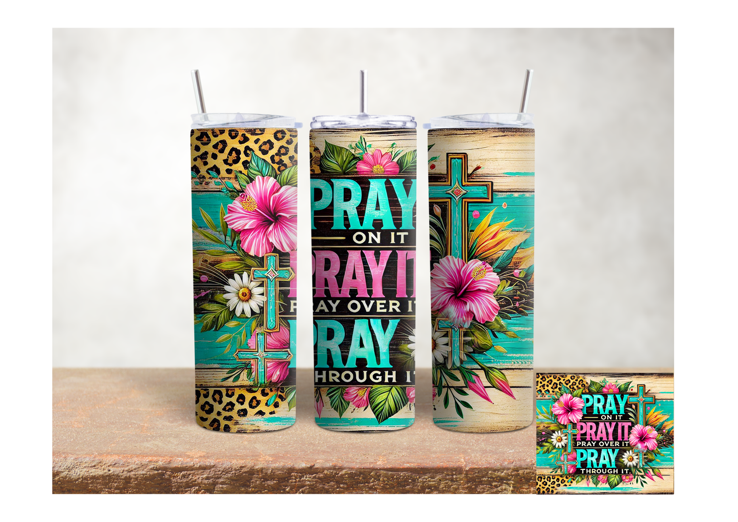 Copo Térmico Aço Inoxidável 20oz - Cruz Floral de Leopardo "Pray On It"