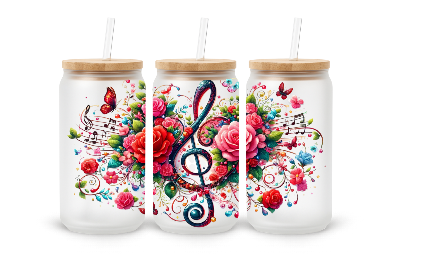 Rosas e Clave de Sol - Copo Tumbler em Vidro de 18oz