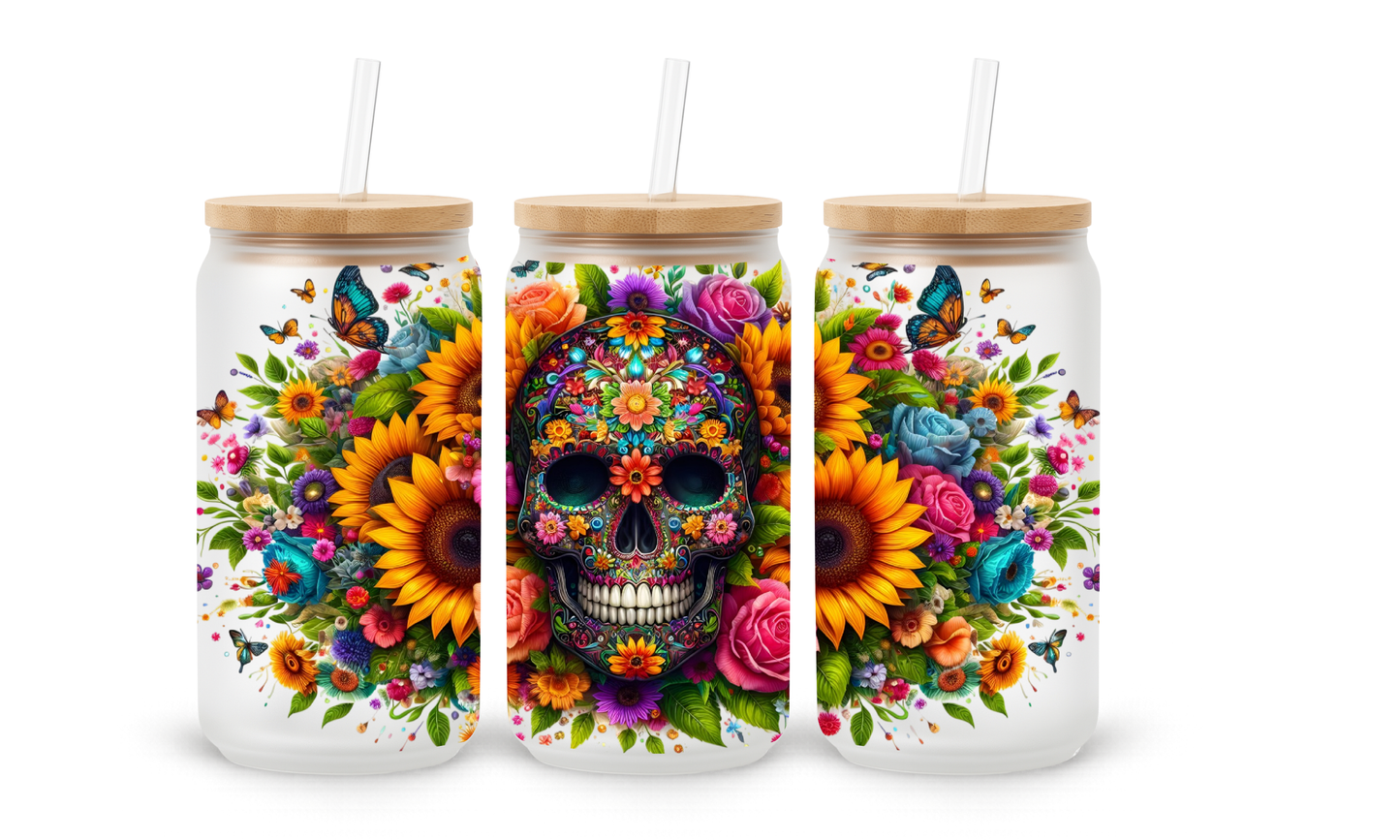 Girassóis de Caveira Mexicana - Copo de Vidro 530ml