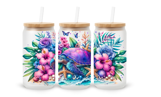 Copo de Vidro em Lata com Tartaruga Marinha Floral Tropical - 530ml