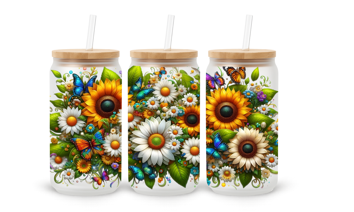 Copo de Vidro tipo Lata Girassóis e Margaridas - 530ml
