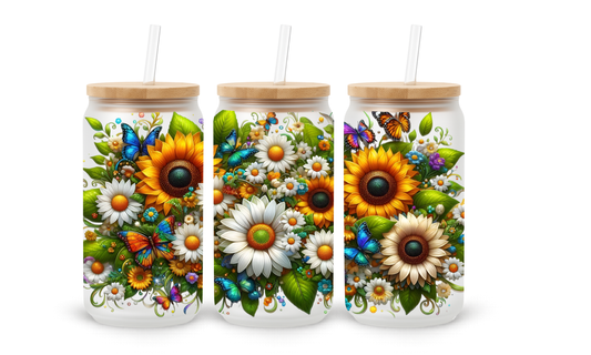 Copo de Vidro tipo Lata Girassóis e Margaridas - 530ml