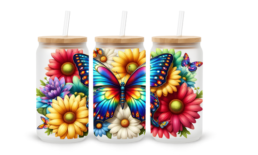 Copo de Vidro com Padrão de Borboleta e Girassol - 530ml