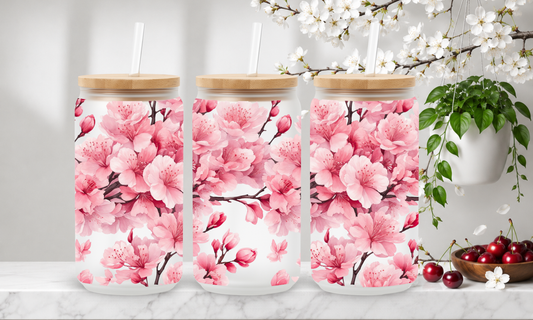Soft Cherry Blossom – 18oz Frosted Glass Can Tumbler 🍒