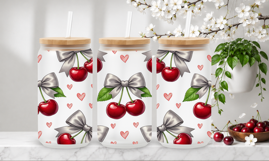 Silver Bow Cherries – 18oz Frosted Glass Can Tumbler 🍒