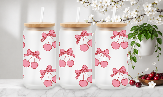 Pastel Cherry Bows – 18oz Frosted Glass Can Tumbler 🍒