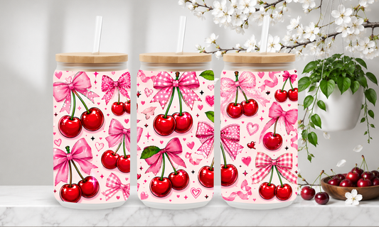 Coquette Cherry Dreams – 18oz Frosted Glass Can Tumbler 🍒