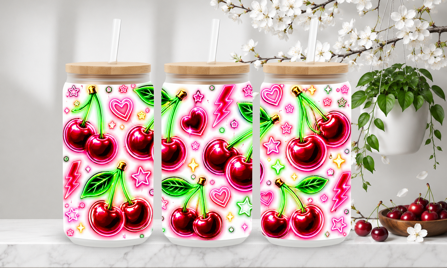 Neon Cherry Spark – 18oz Frosted Glass Can Tumbler 🍒