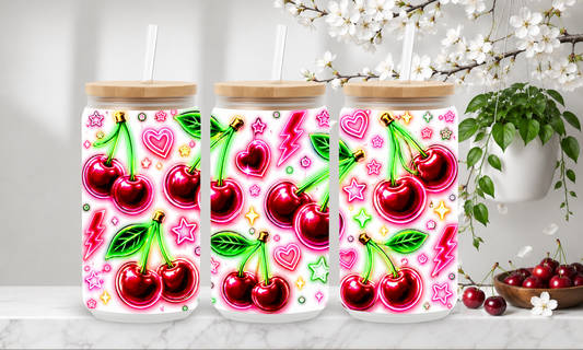 Neon Cherry Spark – 18oz Frosted Glass Can Tumbler 🍒