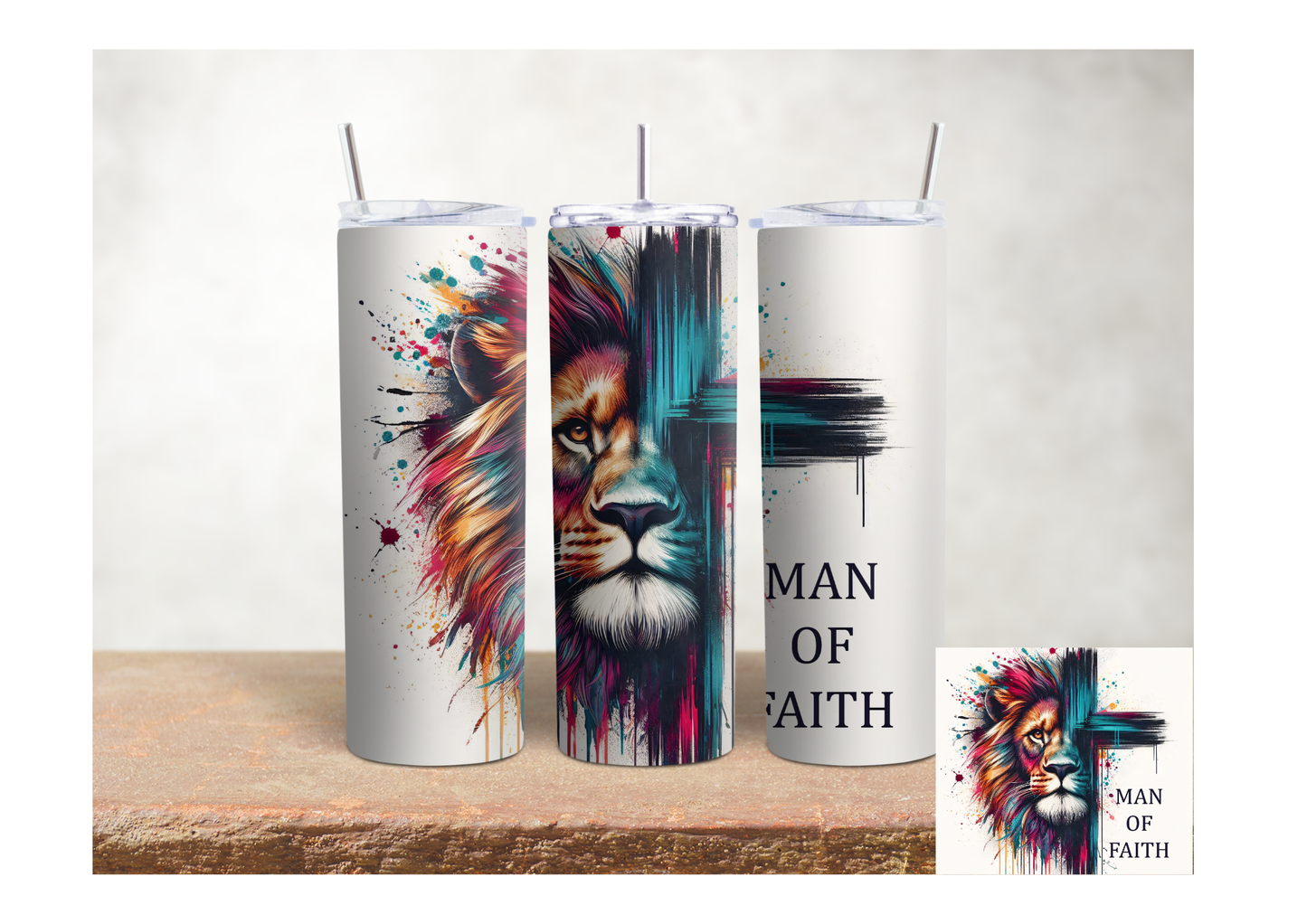 Man of Faith Lion Clolor Splash – 20oz Stainless Steel Insulated Tumbler