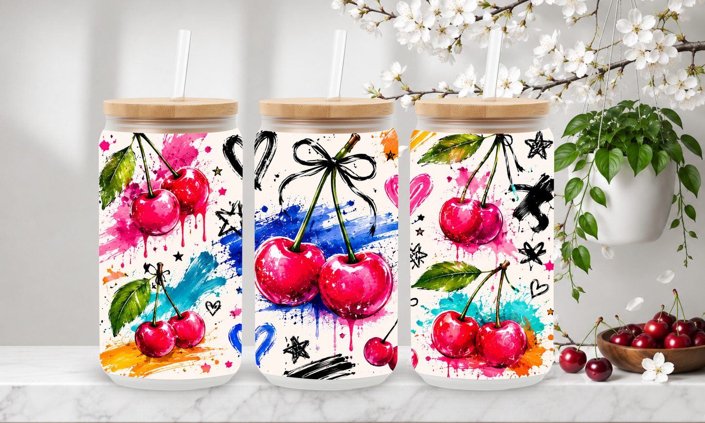 Paint Splash Cherries – 18oz Frosted Glass Can Tumbler 🍒