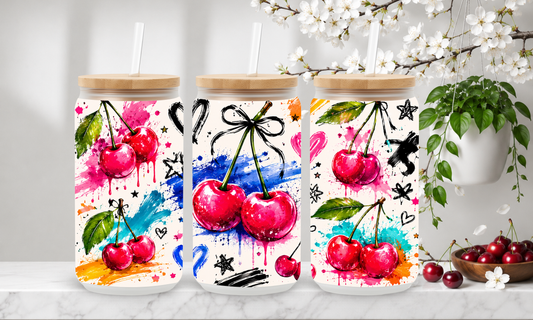 Paint Splash Cherries – 18oz Frosted Glass Can Tumbler 🍒