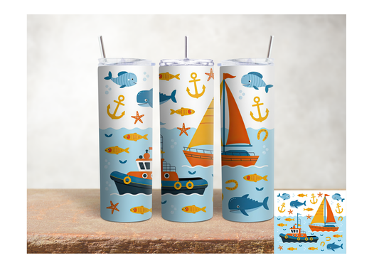 Kids Nautical Boats & Whales – 20oz Stainless Steel Insulated Tumbler
