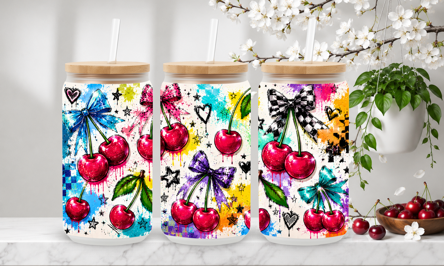 Graffiti Cherries – 18oz Frosted Glass Can Tumbler 🍒