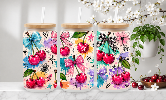 Graffiti Color Splash Cherries – 18oz Frosted Glass Can Tumbler 🍒