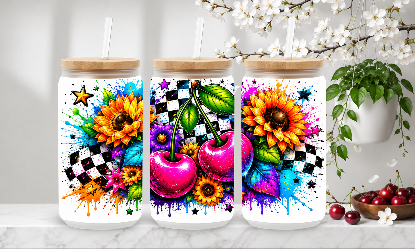 Sunflower Cherry Splash – 18oz Frosted Glass Can Tumbler 🍒