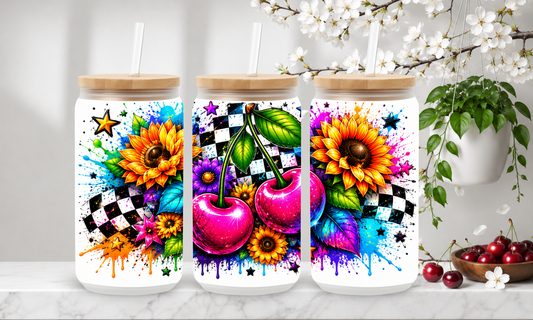 Sunflower Cherry Splash – 18oz Frosted Glass Can Tumbler 🍒