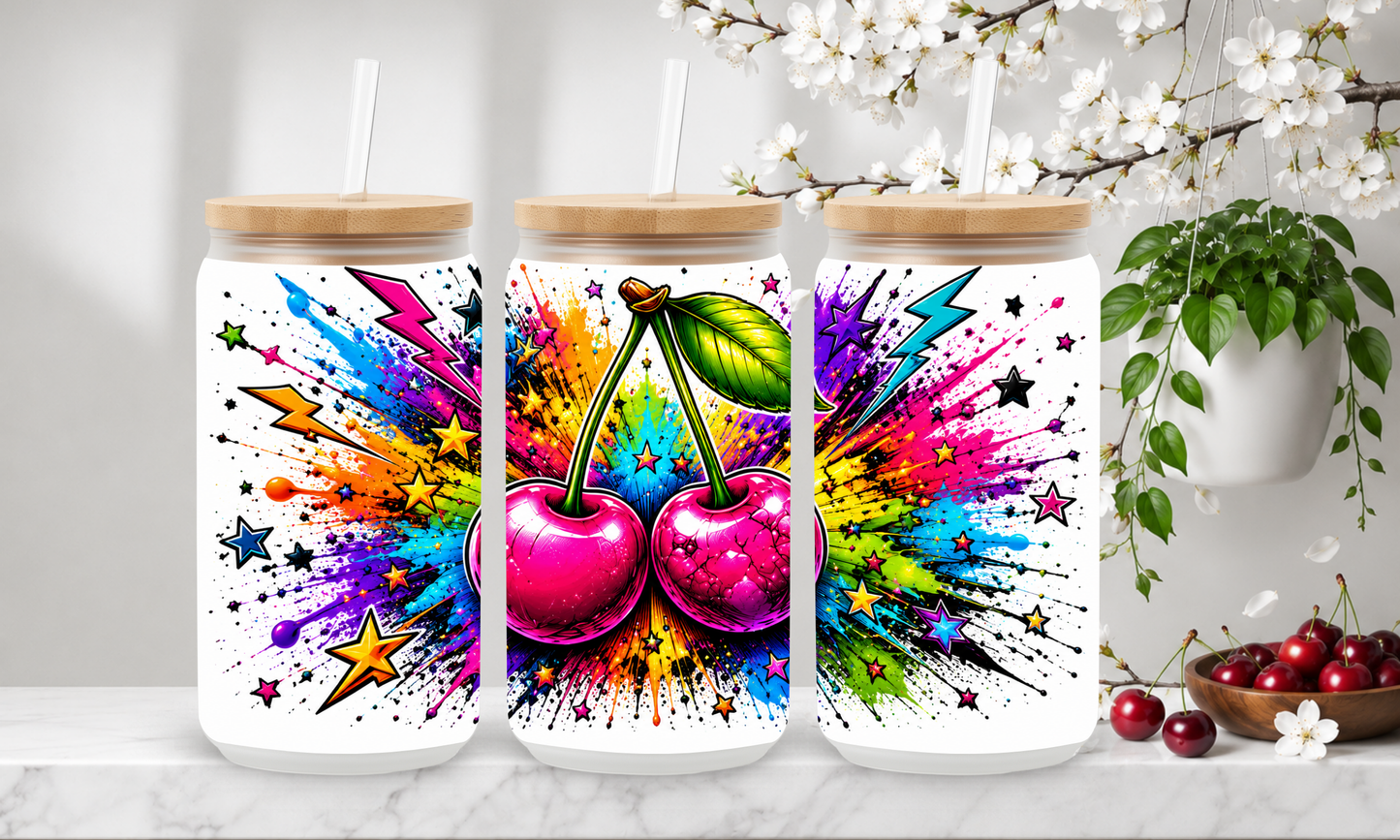 Electric Cherry Burst – 18oz Frosted Glass Can Tumbler 🍒