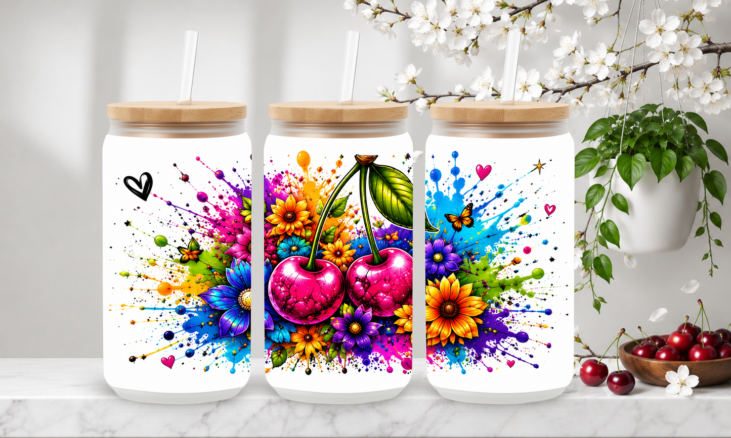 Wildflower Cherry Splash – 18oz Frosted Glass Can Tumbler 🍒