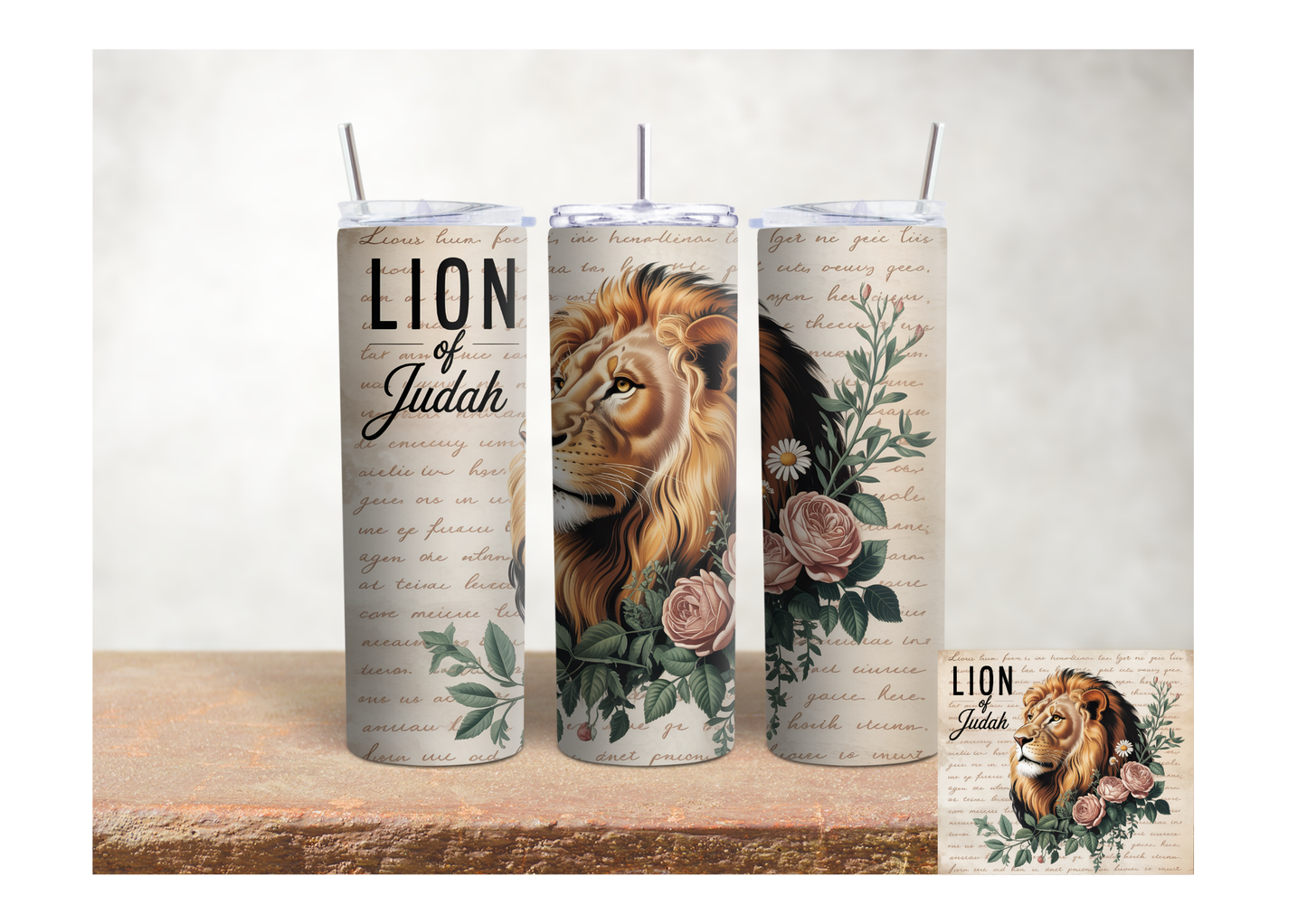 Lion of Judah Cream Floral Scripture  – 20oz Stainless Steel Insulated Tumbler