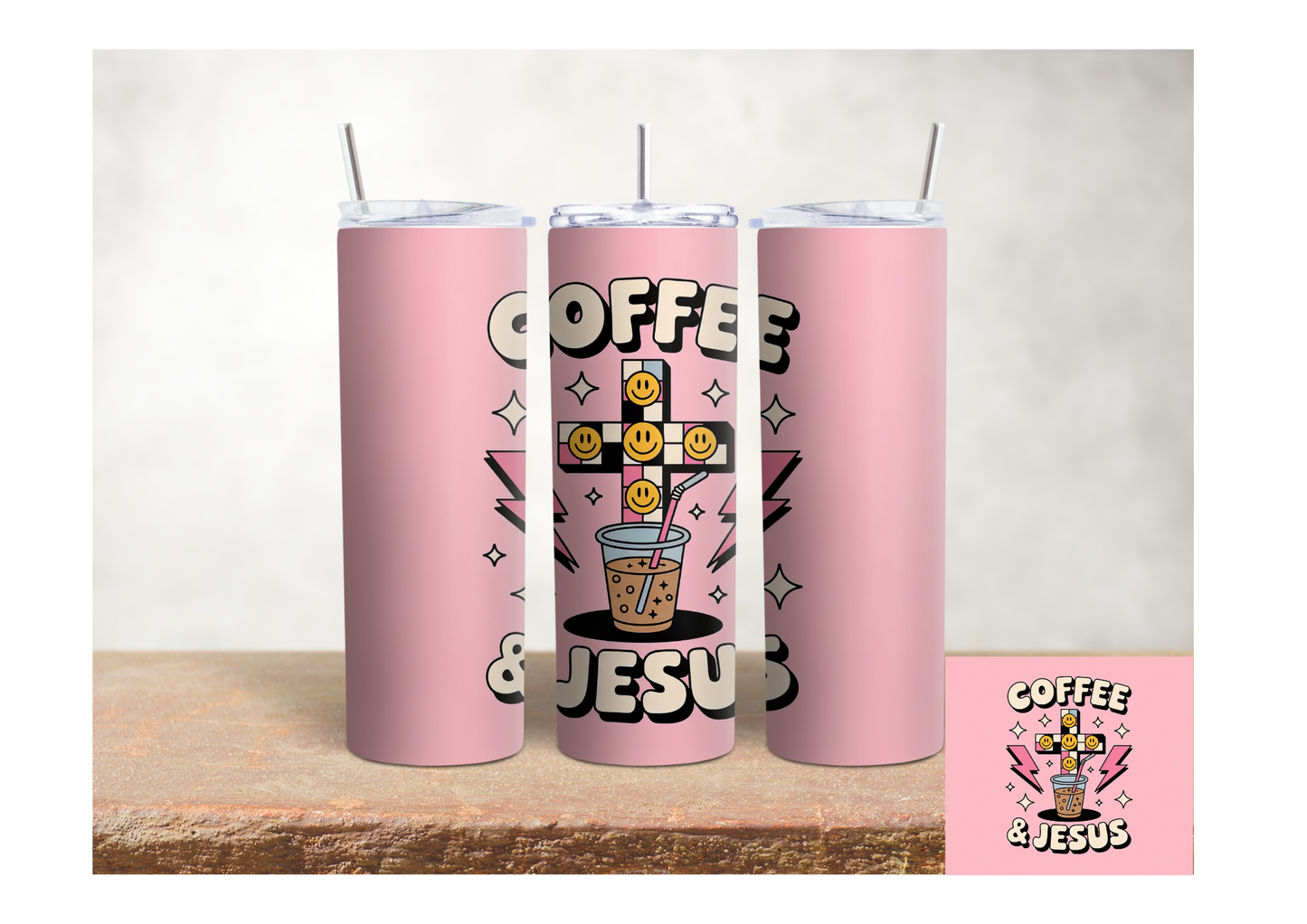 Coffee & Jesus Retro Smiley Faces  – 20oz Stainless Steel Insulated Tumbler