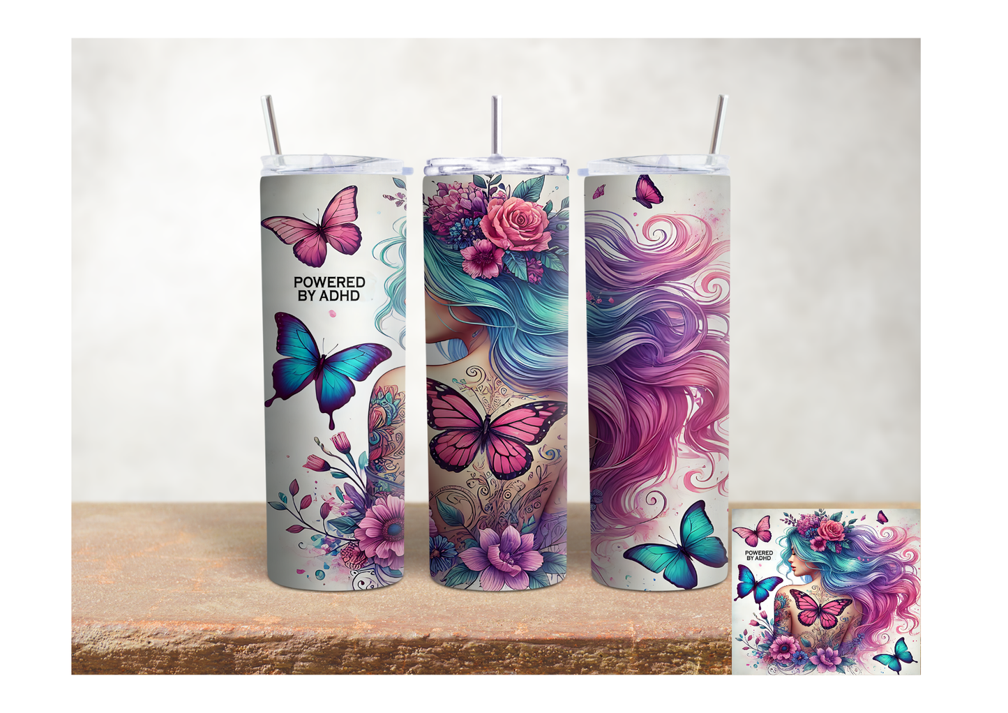 Powered by ADHD Floral Butterfly – 20oz Stainless Steel Insulated Tumbler