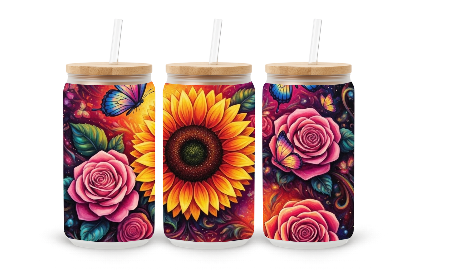 Copo de Vidro com Padrão Floral Girassol e Rosa – 530ml