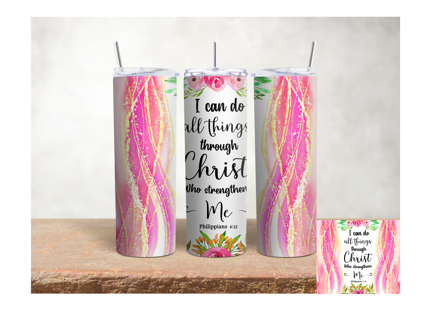 I Can Do All Things Floral Stripe – 20oz Stainless Steel Insulated Tumbler