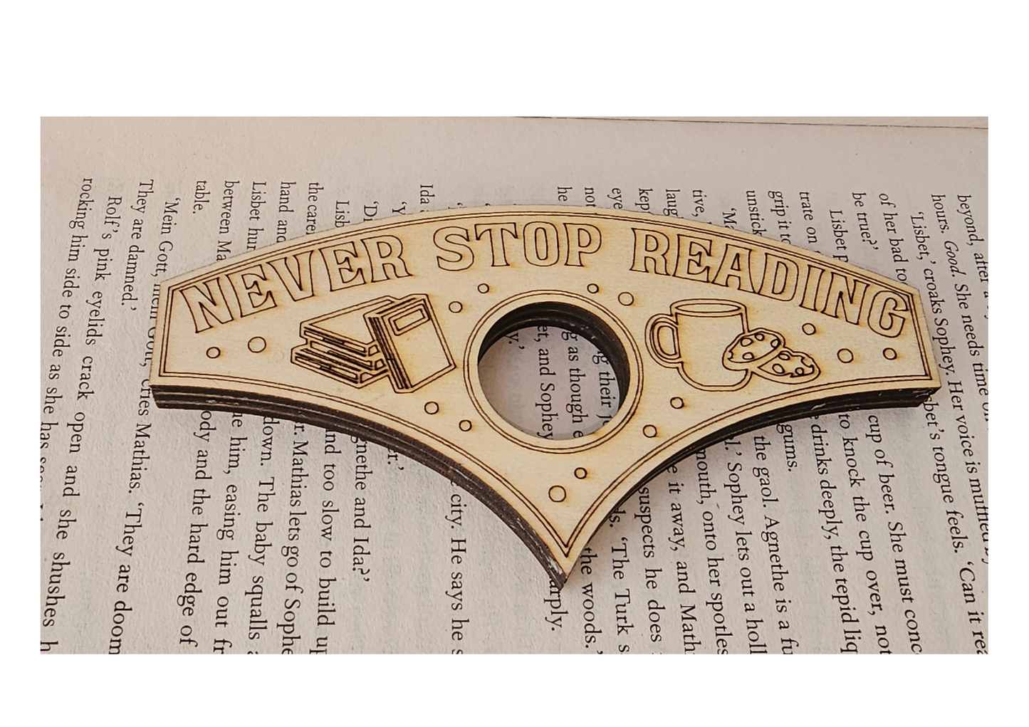 Never Stop Reading Book Buddy – Wooden Page Holder for Comfortable Reading