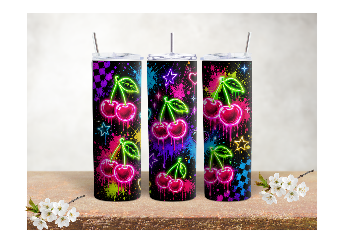 Electric Neon Cherries – 20oz Stainless Steel Insulated Tumbler 🍒