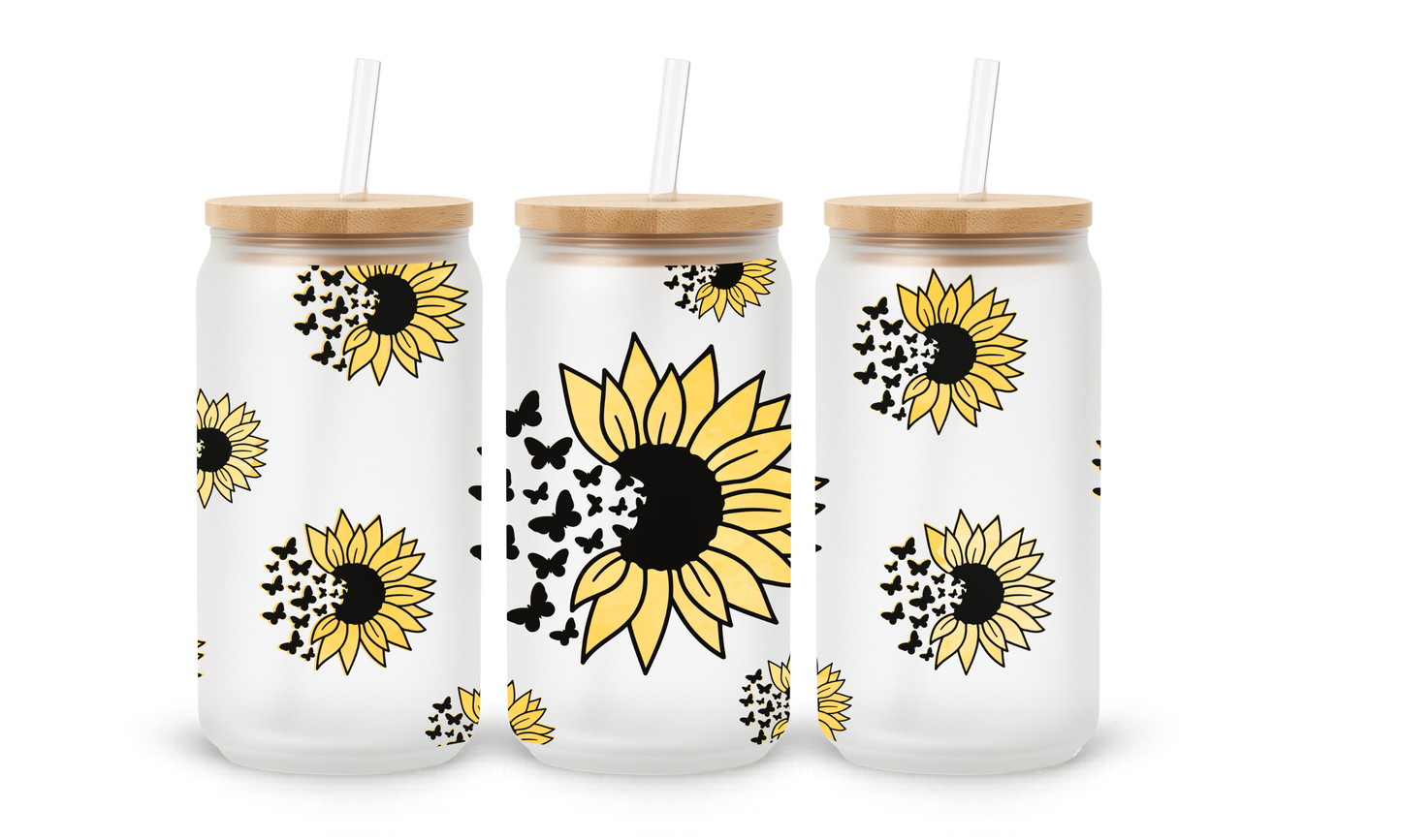 Sunflower Butterfly- 18oz Glass Can Tumbler