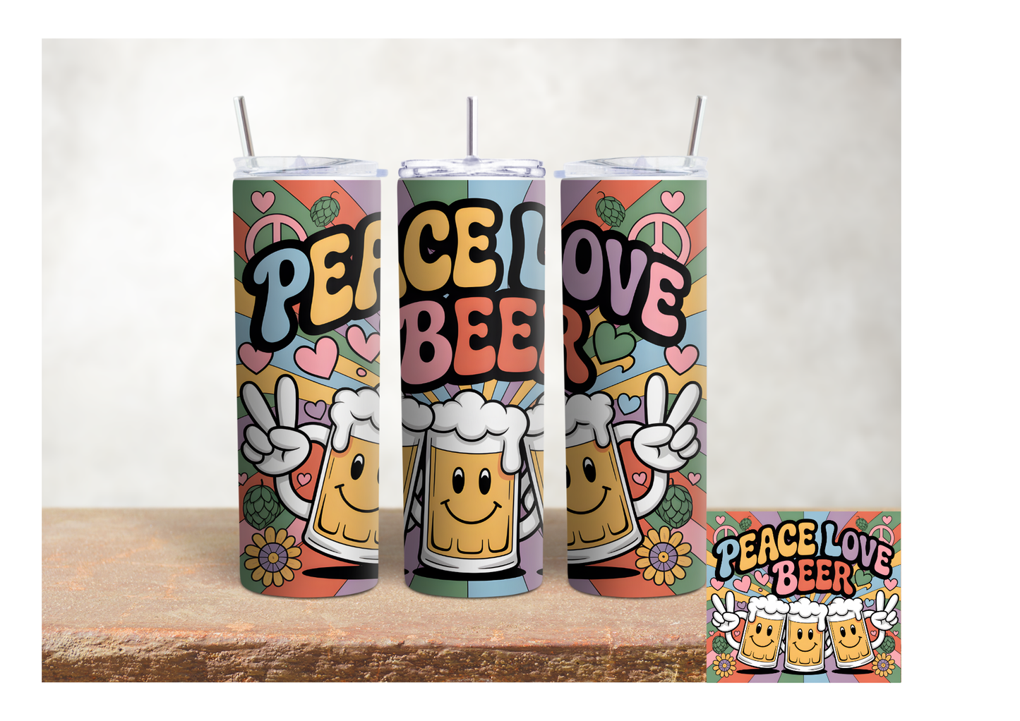Peace Love Beer Retro   – 20oz Stainless Steel Insulated Tumbler