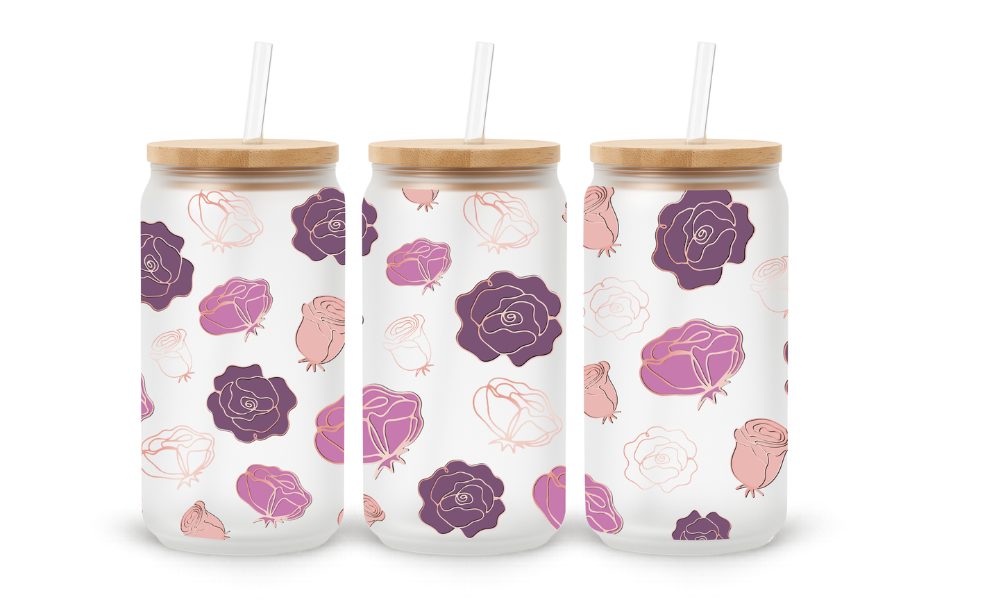 Purple Rose Line Art- 18oz Glass Can Tumbler