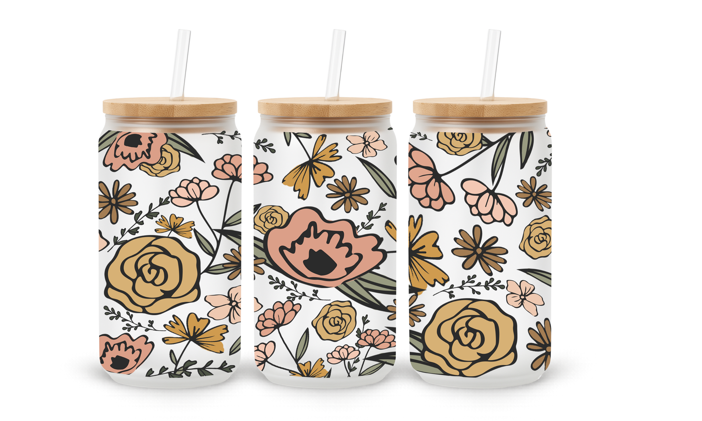 Retro Floral Pattern- 18oz Glass Can Tumbler