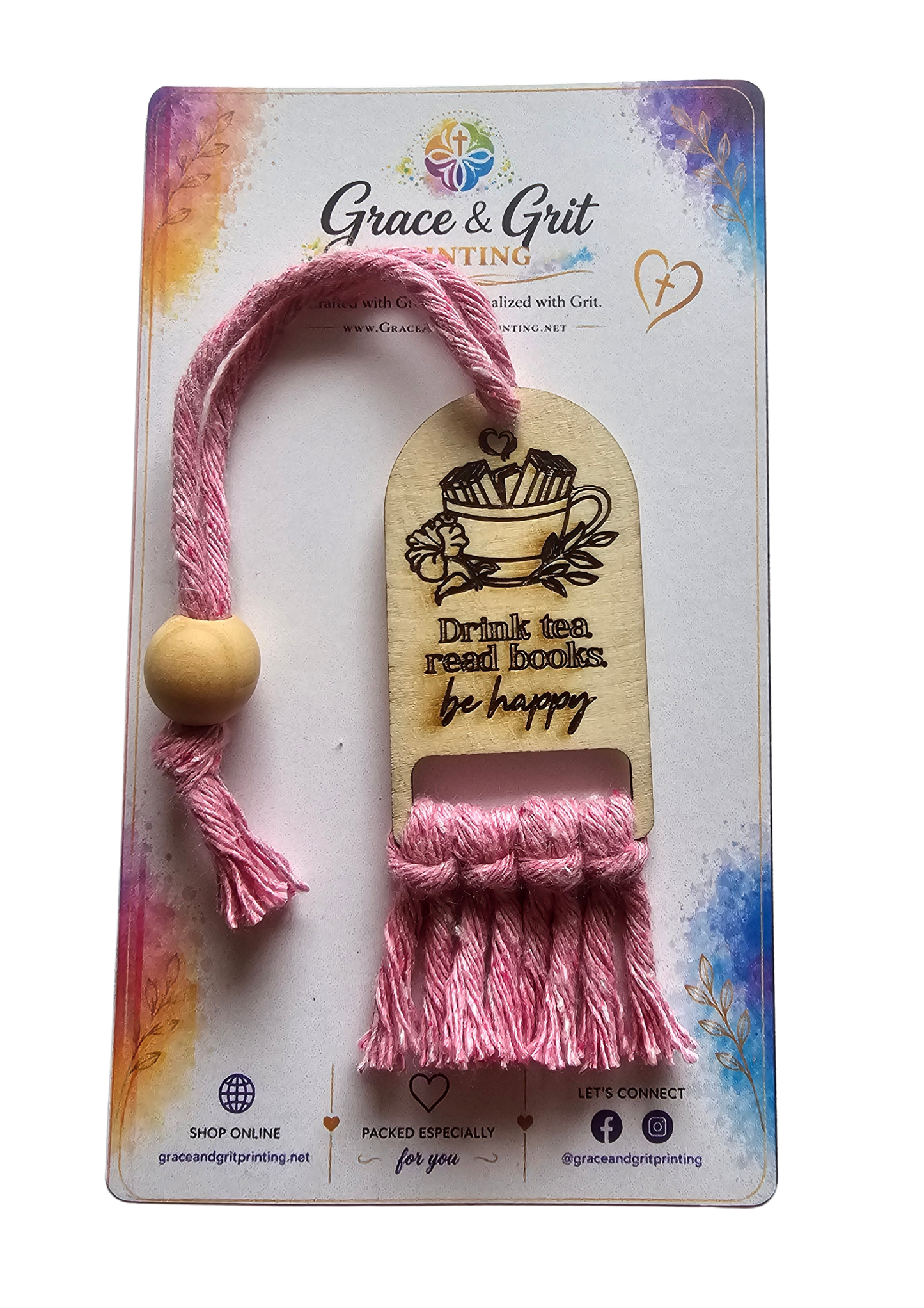 Drink Tea, Read Books, Be Happy - Macramé Wooden Bookmark
