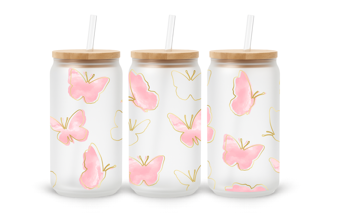 Pink Butterfly Line Art - 18oz Glass Can Tumbler
