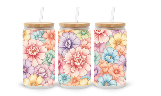 Padrão Floral Pastel - Copo Térmico de Vidro de 18oz