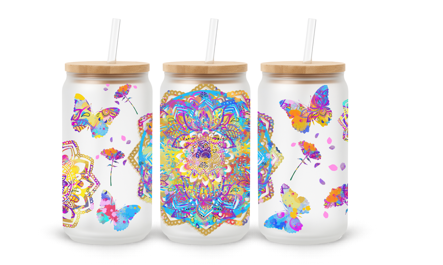Abstract Floral Mandala - 18oz Glass Can Tumbler