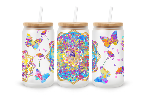 Abstract Floral Mandala - 18oz Glass Can Tumbler