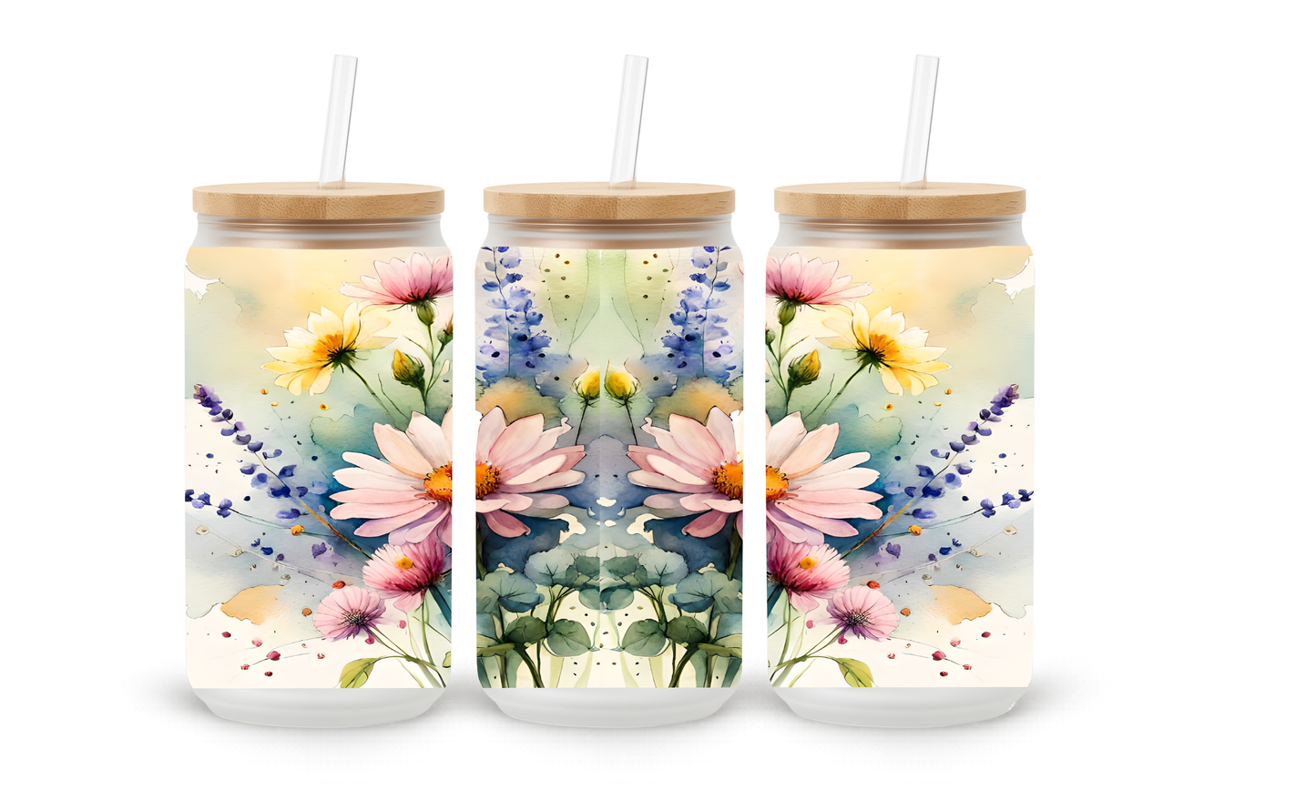 Watercolour Floral Splash - 18oz Glass Can Tumbler